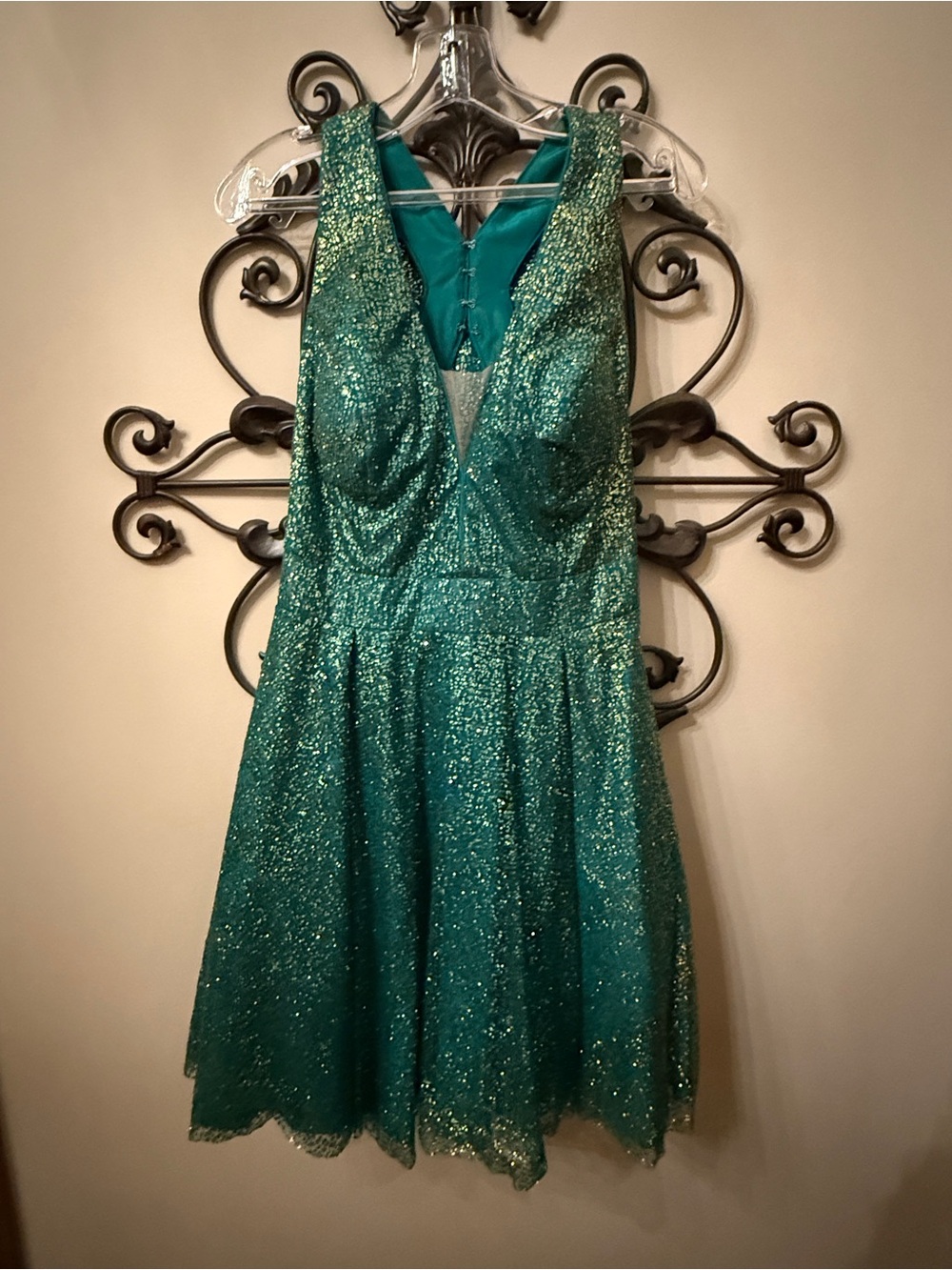 Jovani Emerald Glitter Fit-and-Flare Cocktail Dress